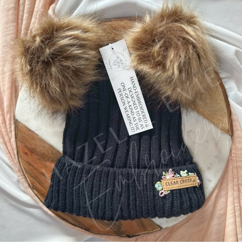 Knit Beanie with custom hand embroidered floral pattern